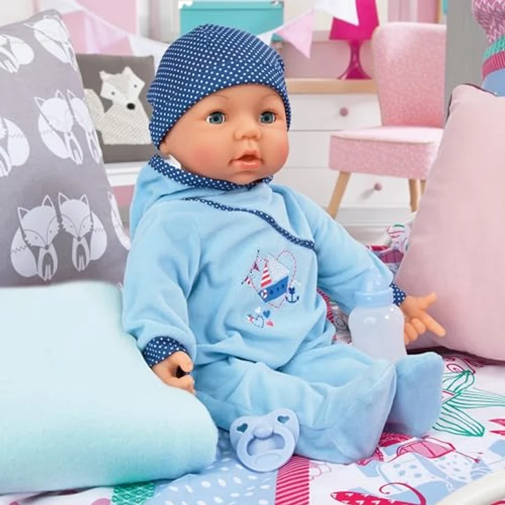 Bayer Babypuppe Hello Baby Boy, 46 cm Funktionspuppe mit schmatzenden Geräuschen und Augenbewegung – Bild 6
