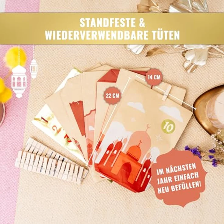 AMARI ® Ramadan Tüten (30 Tüten inklusive Sticker & Klammern) - Ramadankalender zum Befüllen - Ramadan Kalender Tüten - Ramadan Kalender Bastelset – Bild 5