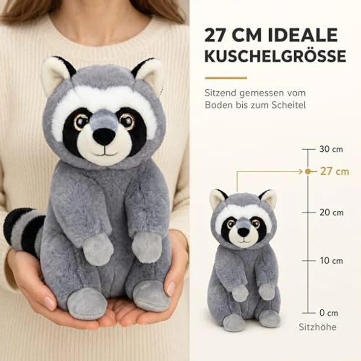 TE-IMPORTE Waschbär Plüschtier sitzend 27 cm grau mit glitzernden Augen, kuschelweich und waschbar – Bild 5