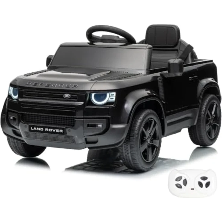 Vrooomy Land Rover Defender 90 Elektro-Kinderfahrzeug 12V mit Fernbedienung, EVA-Rädern, 3-Punkt-Gurt, funktionierenden Türen und MP3-Player – Schwarz – Bild 1