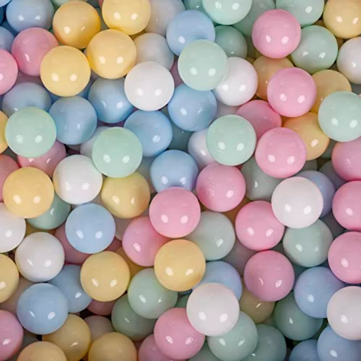 KiddyMoon 50 Bälle, 7 cm Spielbälle für Bällebad, Einfarbige Plastikbälle in Pastellblau/Pastellgelb/Weiß/Minze/Rosa, BPA-frei, Made in EU – Bild 2