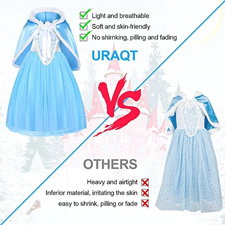 URAQT Mädchen Kostüm Kleid mit Umhang, Prinzessinnen Cosplay für Kinder, inkl. Krone und Zauberstab, 5 Größen für 2-8 Jahre, hochwertiger 100% Polyester, ideal für Feste und Feiertage – Bild 5