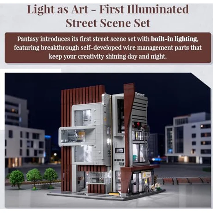 PANTASY Architekturstudio Klemmbausteine Set, modulares 3-stöckiges Bürogebäude mit LED-Beleuchtung und 5 Minifiguren, Urbanes Straßenszenen Modell, Kooperation mit MOC Designer Ohsojang – Bild 3