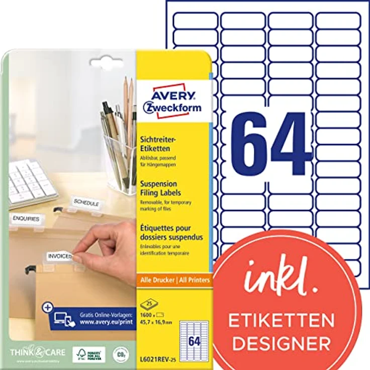 AVERY Zweckform L6021REV-25, 1.600 selbstklebende Etiketten, weiß, 45,7 x 16,9 mm, FSC®-zertifiziert – Bild 1