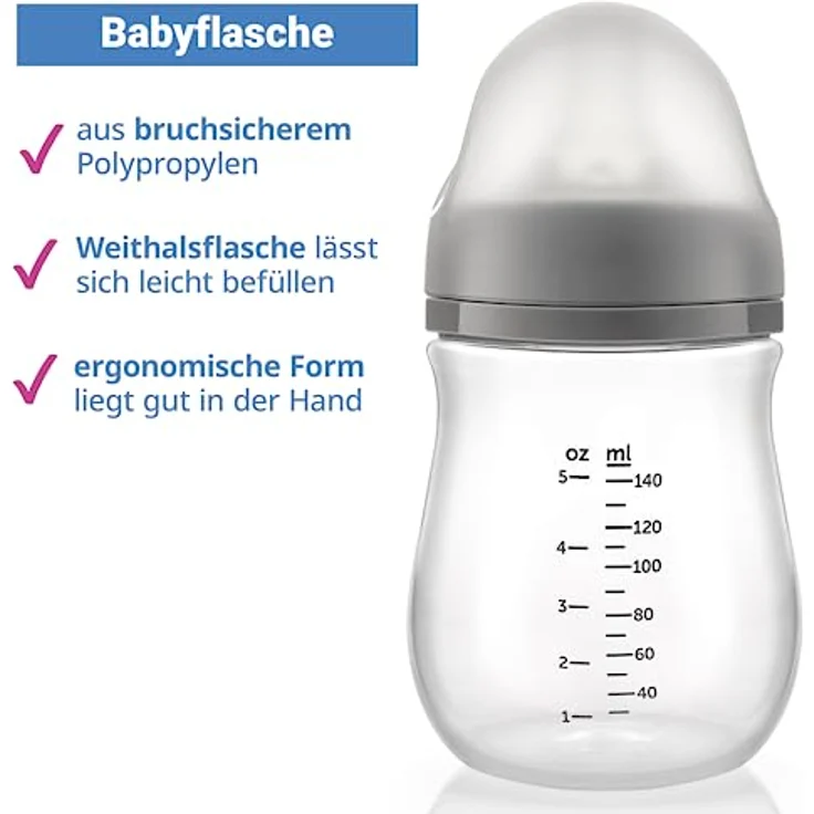 MiaMia Babyflasche PP-Flasche - Grau, 3er Pack Babyflasche 140 ml + Silikon-Trinksauger Größe S – Bild 5