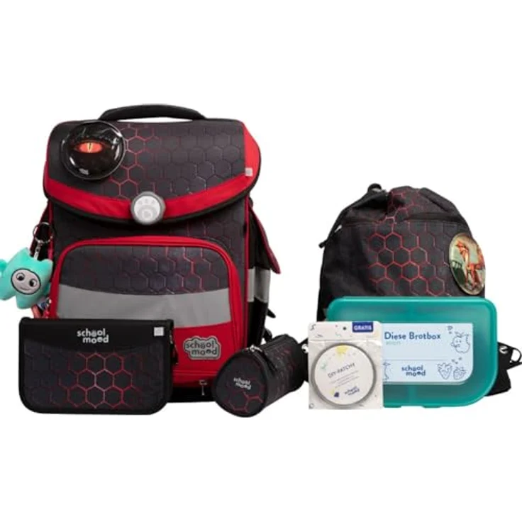 SCHOOL-MOOD Timeless Pro Schulranzenset 7-teilig 23,5L Stauraum, ergonomisches Easy Fit System für 1 m bis 1,50 m Körpergröße, standfest, wasserdichter Stoff mit Reflektoren (Mika Drache) – Bild 1