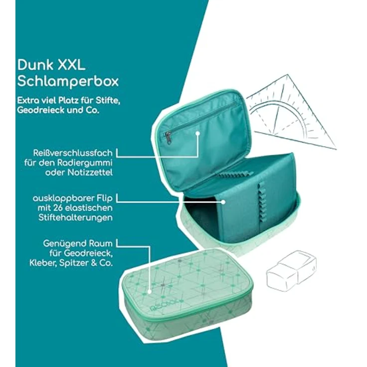 neoxx Schlamperbox Dunk Mintastic, Federmäppchen mit Platz für 1 Geodreieck, Stifte Flap mit 26 Stifteschlaufen, Maße: 23,5 x 17 x 6,5 cm, aus 100% recyceltem PET. – Bild 2