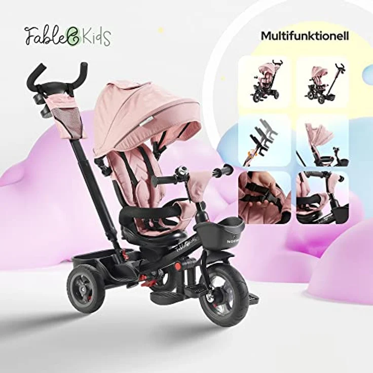 FableKids 5in1 Dreirad Noemi mit Schubstange ab 18 Monate bis 25kg, Vorwärts und Rückwärtsfahrt, PU-Reifen, Freilauf geräumiger, Korb, Tasche, Getränkehalter - Pink – Bild 3