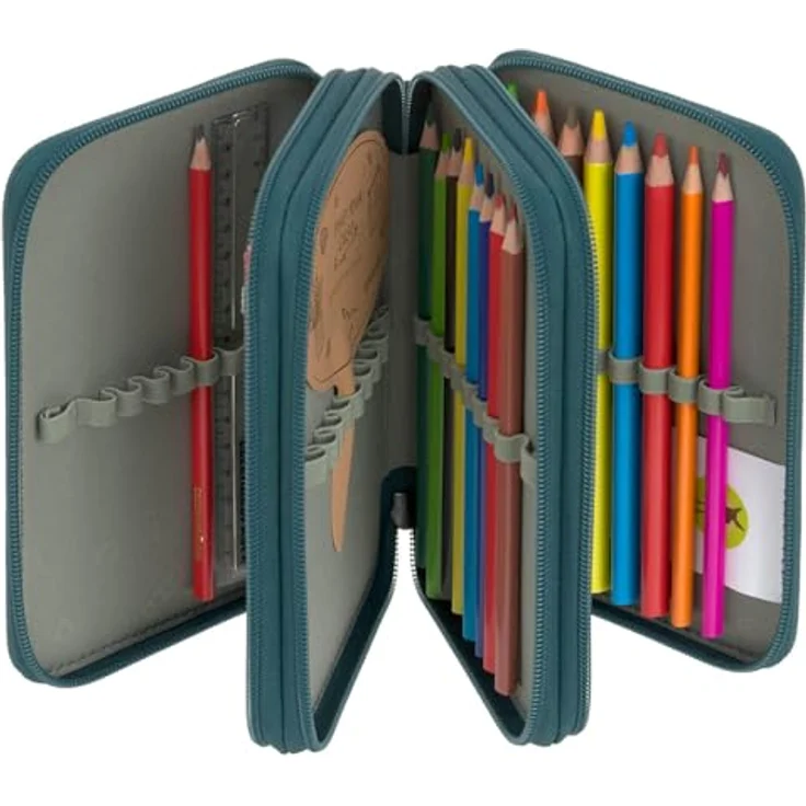 LÄSSIG Unique School Triple Pencil Case Slim Dark Green, Federmäppchen mit tollem Design und umfangreichem Set an Stiften, Lineal, Spitzer und Radiergummi – Bild 3