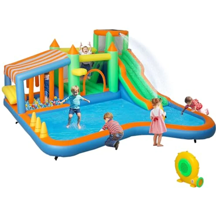 AIYAPLAY Hüpfburg mit Wasserrutsche, Planschbecken, Basketballkorb und Kletterwand, schnell aufblasbar, bunt, 416 x 370 x 195 cm, für drinnen und draußen – Bild 1