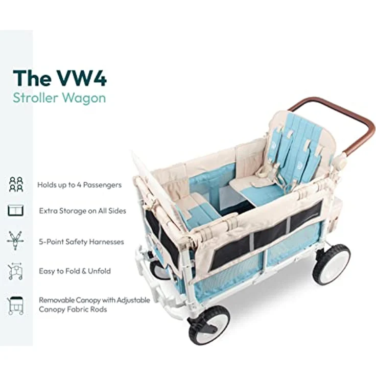WONDERFOLD VW4 Volkswagen Kinderwagen Wagon Bondi Blau, faltbarer 4-Sitzer mit verstellbarem Schiebegriff und viel Stauraum – Bild 3