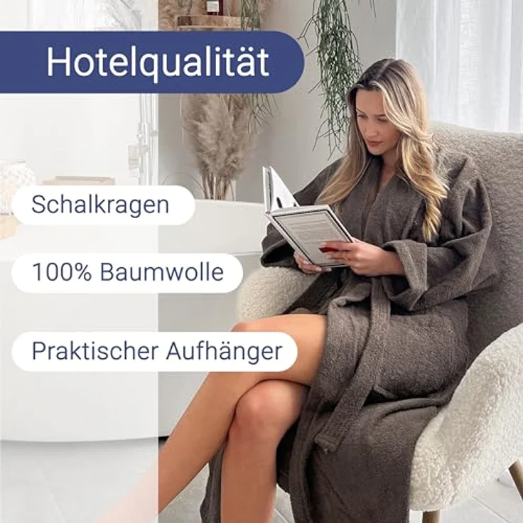 ZOLLNER Unisex-Bademantel, 100% Baumwolle, Schalkragen, Gürtel, S-6XL, weiß – Bild 2