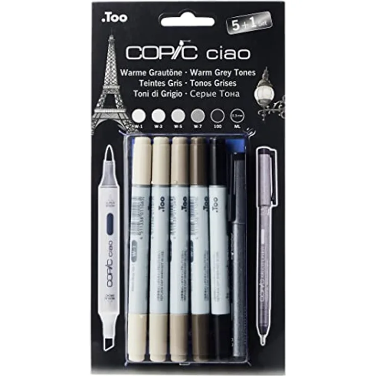 COPIC Ciao Marker 5+1 Set "Warme Grautöne", 5 alkoholbasierte Allround-Layoutmarker mit einer mittelbreiten und einer Brush-Spitze, inkl. 1 Multiliner 0,3 mm