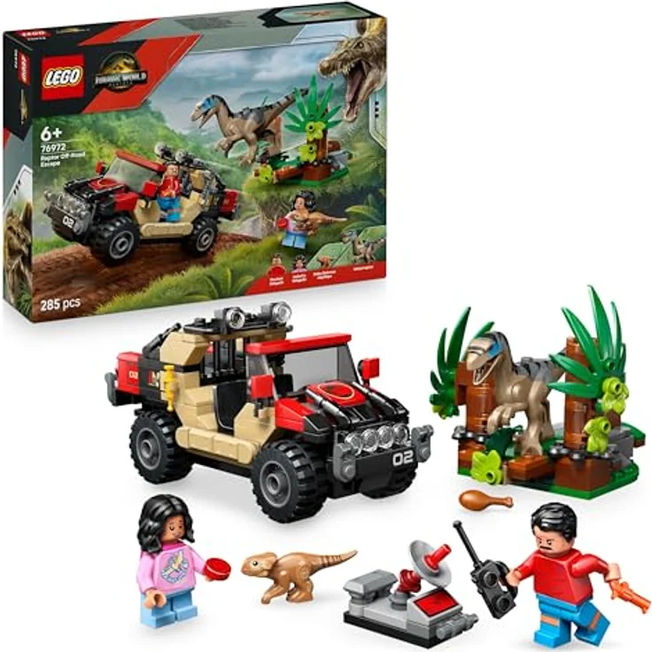 LEGO Jurassic World 76972, Raptor: Verfolgungsjagd mit Geländewagen, 285 Teile, ab 6 Jahre, mit Velociraptor und Minifiguren – Bild 1