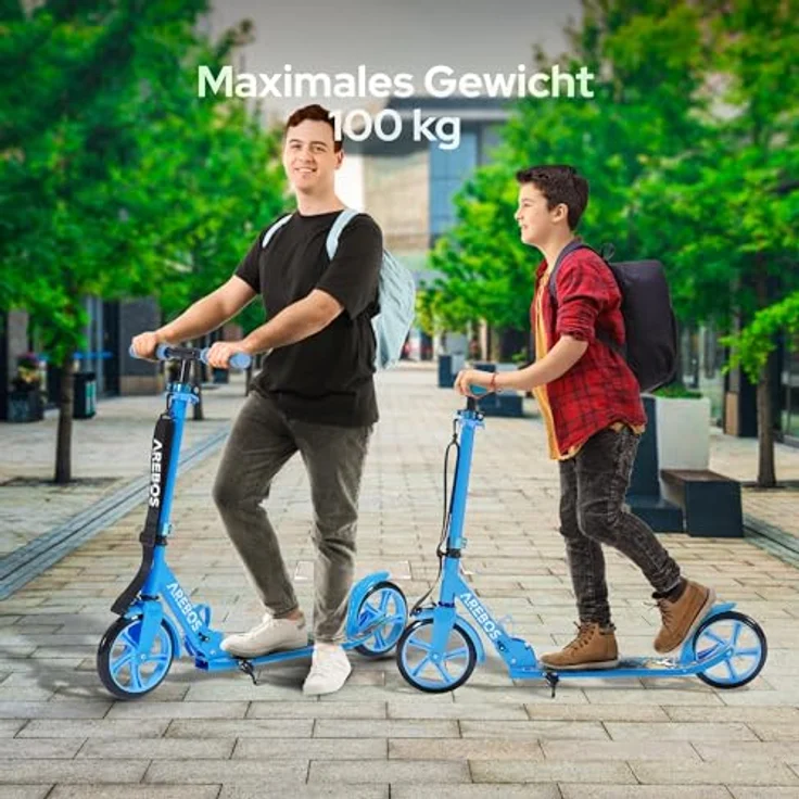 Arebos Tretroller klappbar, höhenverstellbar 78–93 cm, für Kinder ab 6 Jahren, bis 100 kg, blau, mit 200 mm Rädern und Seitenständer – Bild 8