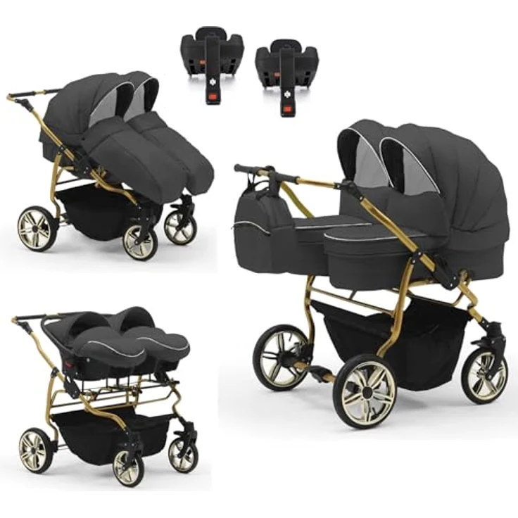 Elcar Zwillingskinderwagen 5 in 1 Duet Lux Goldedition inkl. Autositze und Iso Bases - 14 Teile - in 20 Farben – Bild 1