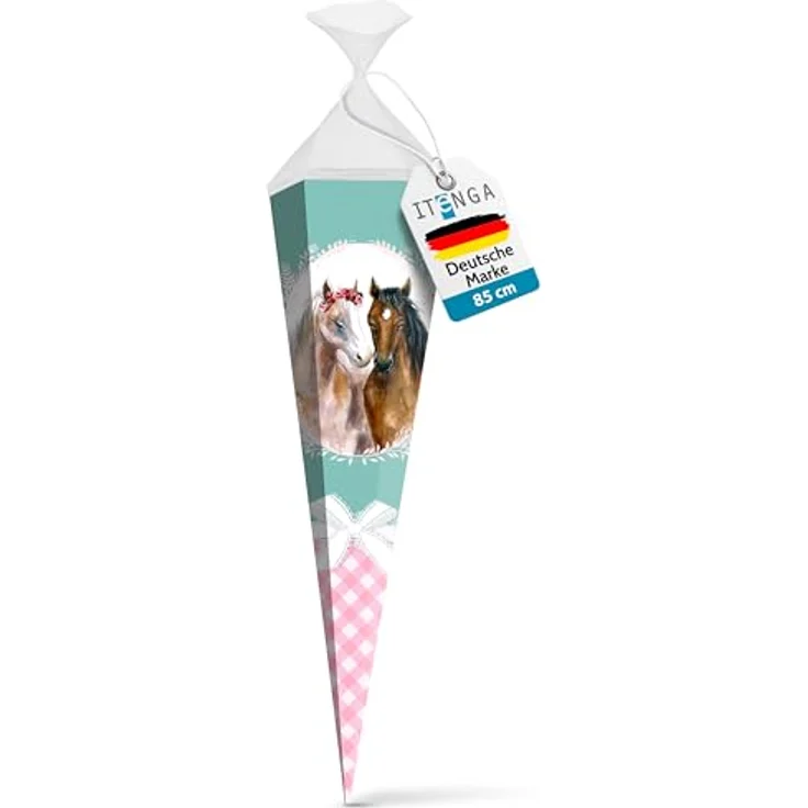 itenga Schultüte Mädchen 85cm, eckig mit Tüllverschluss, stabile Zuckertüte mit Motiven (Einhorn, Pferd, Meerjungfrau) – Bild 1
