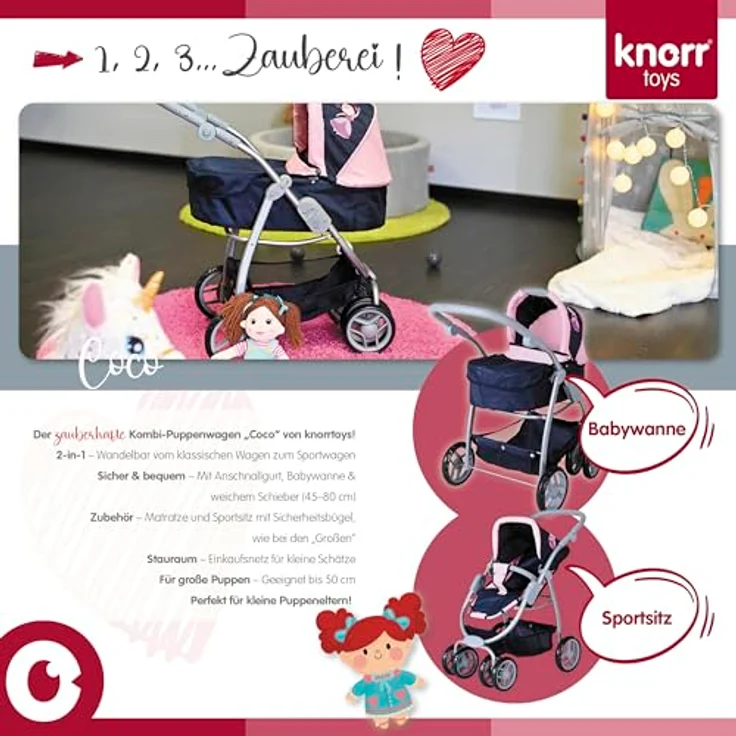 Knorrtoys® Kombi-Puppenwagen Coco, mit Baby-Wannenaufsatz und Sportsitz, höhenverstellbarer Schieber, princess blue – Bild 5
