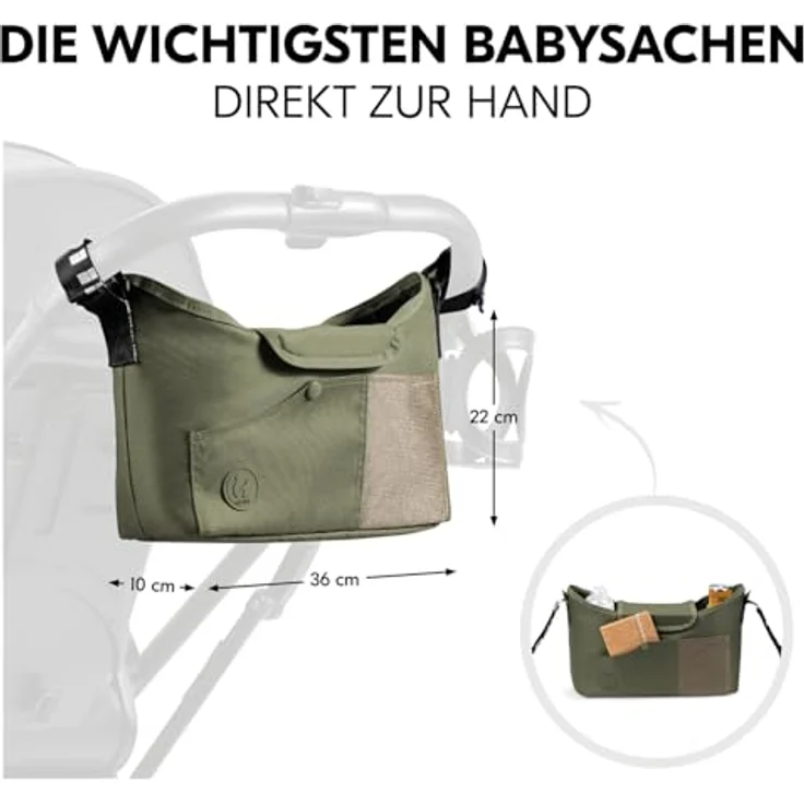 Hauck Organizer für Kinderwagen und Buggy - Große Baby Kinderwagentasche Buggytasche Wickeltasche mit Getränkehalter/Becherhalter, Leicht Zugänglich, Einfache Befestigung (Olive) – Bild 4