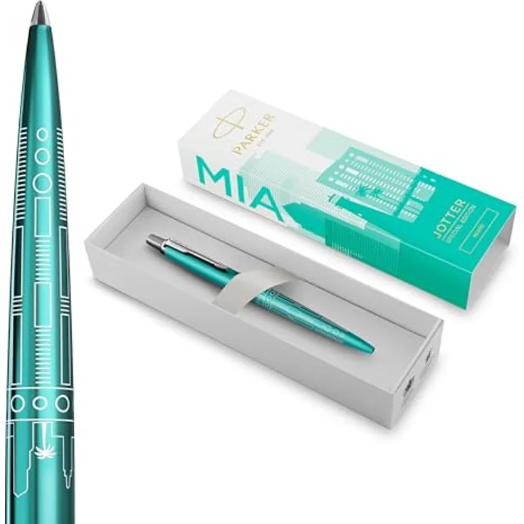 Parker Pen Parker Jotter SE Miami Kugelschreiber M, Edelstahl-Schaft mit türkisfarbener Pulverbeschichtung und lasergravierter Skyline