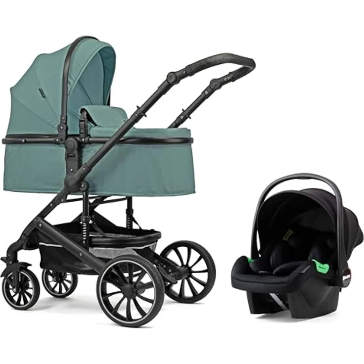 Pixini Kinderwagen Kalani 3in1 Kombikinderwagen, mint - mehrfach verstellbare Rückenlehne, 11-fach höhenverstellbarer Schieber, große Hinterräder, gefederte Vorderräder