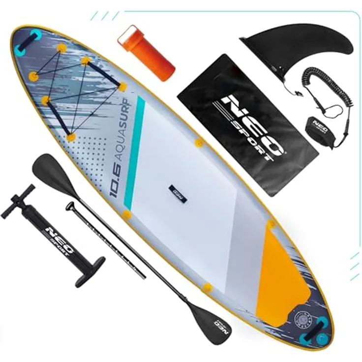 Neo-Sport Aquasurf 10.6 SUP Aufblasbar Set, 320 cm mit Handpumpe, verstellbarem Paddel, Leash und Rucksack, bis 140 kg Tragkraft, rutschfeste Oberfläche