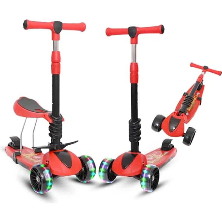 Habib Gruppe 3-in-1 Kinderroller mit Sitz, höhenverstellbar, faltbar, LED Räder, geeignet für Kinder ab 3 Jahren (bis 50kg), Rot – Bild 1