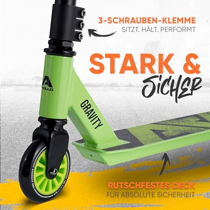 Apollo Stuntscooter Gravity, Fun-Kickscooter für Kinder und Teenager, hohe Belastbarkeit bis 100kg, rutschfestes Deck, leuchtende Farben – Bild 2