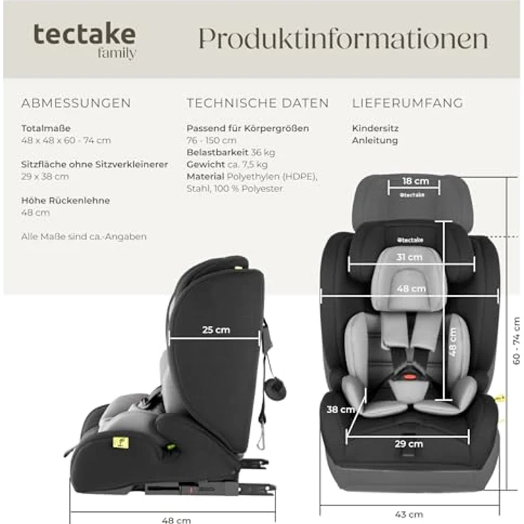 tectake Emely Autokindersitz, i-Size zugelassen, 5-Punkt-Gurt, für 9-36 kg, höhenverstellbar, atmungsaktiver Bezug, Schwarz – Bild 6