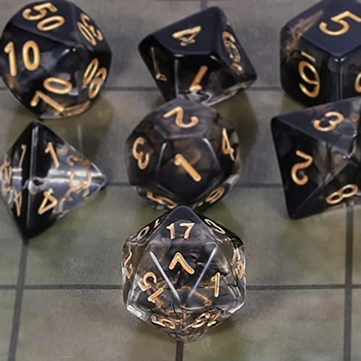 QMAY DND Würfel Set, 7 polyedrische Spielwürfel für Dungeons & Dragons, schwarz mit schwimmender Seide transparent, inkl. Samtbeutel – Bild 4