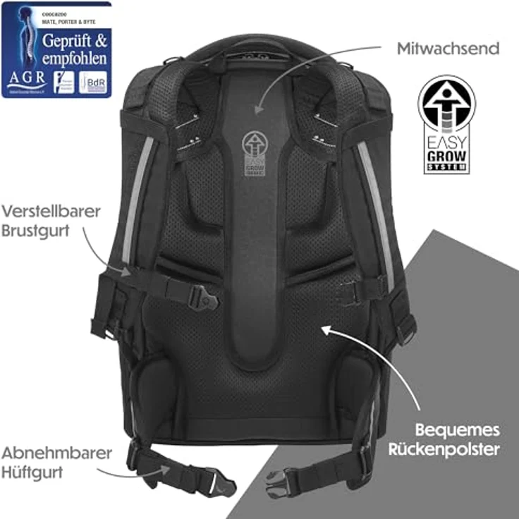 Coocazoo Mate Schulrucksack „Black Coal”, ergonomischer und anpassbarer Tornister, höhenverstellbar mit Brustgurt & Hüftgurt, 30 Liter, ab der 3. Klasse – Bild 4