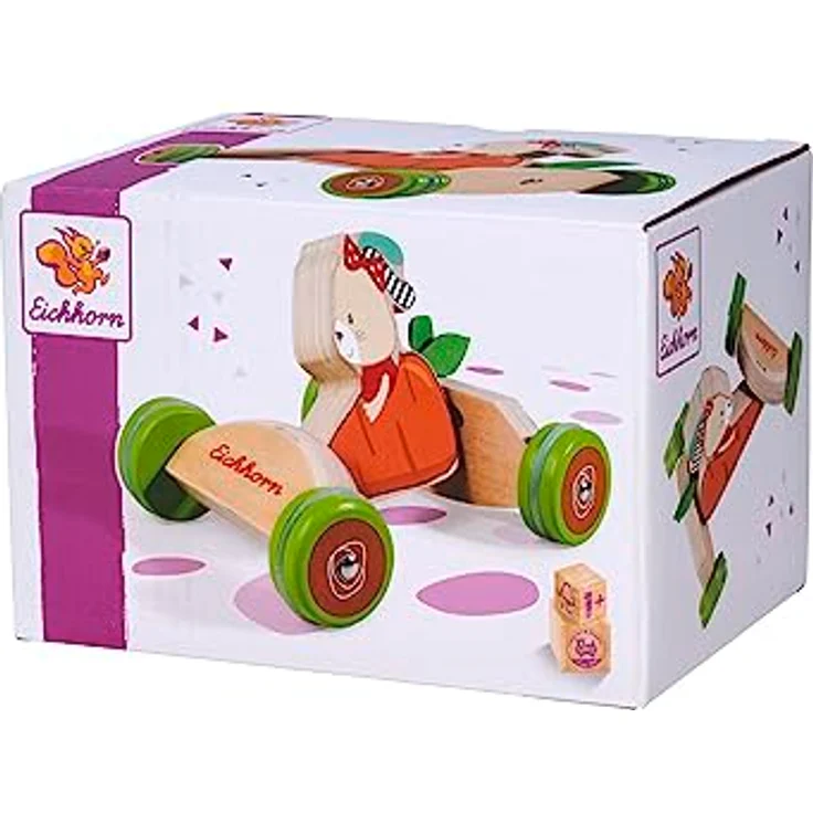 Eichhorn Greifspielzeug Schiebefahrzeug, Hasen-Karotten Motiv, FSC®-zertifiziert, 16 cm, geräuschlose Silikonreifen – Bild 6