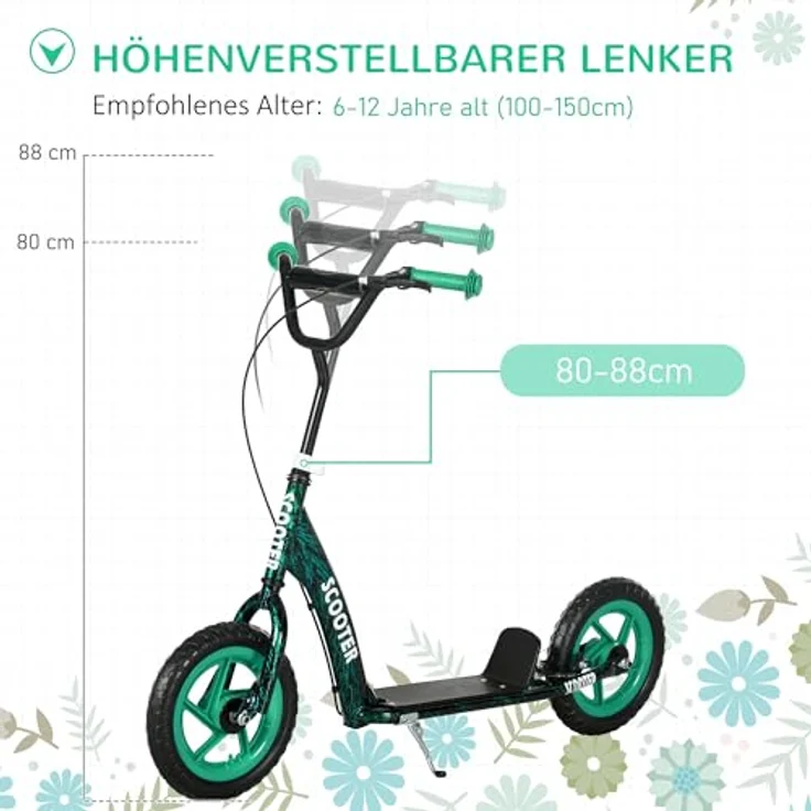 AIYAPLAY Kinderroller Scooter, Tretroller mit verstellbarem Lenker, großen Rädern und Handbremse, 11,8 Zoll Cityroller für 6-12 Jahre, Stahl Grün – Bild 3