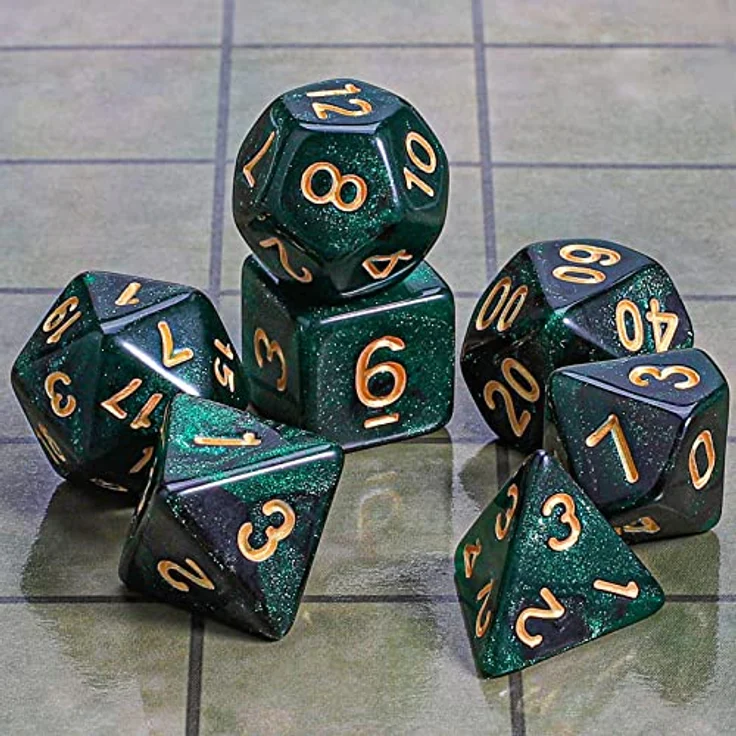 QMAY DND Dice Polyedrisches Würfel Set - 7 Stück für Dungeon und Dragons MTG RPG D&D D20, D12, D10, D%, D8, D6, D4 (Schwarz und Grün) – Bild 2