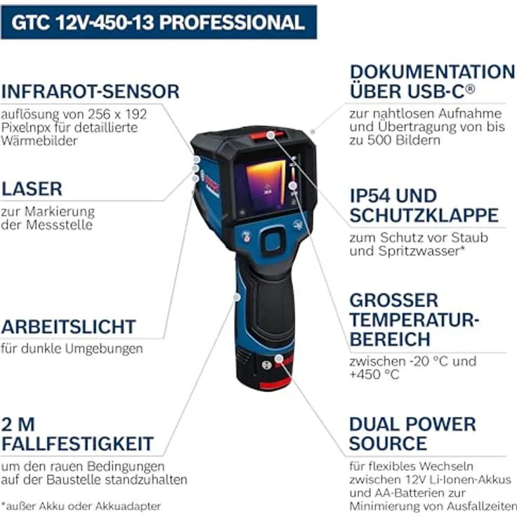 BOSCH GTC 12V-450-13 Professional, Wärmebildkamera mit 256 x 192 Pixeln Auflösung, 2,8-Zoll-Display, IP54 Schutzklasse und USB-Schnittstelle – Bild 3
