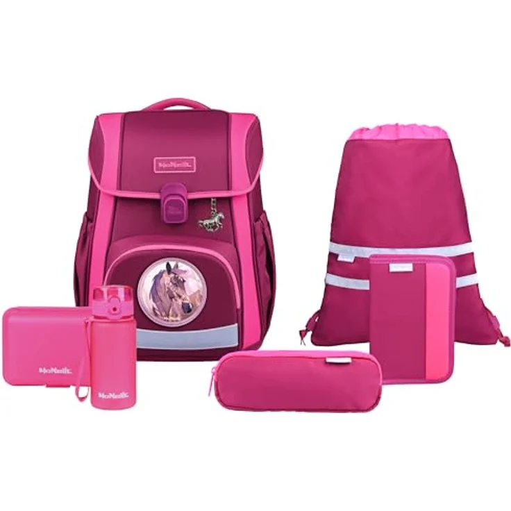 McNeill Schulranzen-Set BRAVO 9tlg. mit ergonomischem ClickFlex-Rückensystem, 21L Volumen, lila Pferde-Design, inkl. gefülltem Etui, Sportbeutel und Trinkflasche – Bild 2