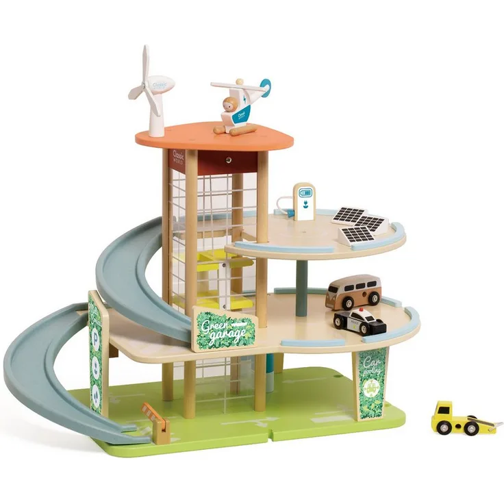 Classic World Parkhaus „Öko“, Spiel-Parkhaus mit Windrad, Solarpanels, E-Ladestationen und 3 Autos, 55x30x46,2cm, ab 3 Jahre
