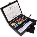 Sennelier La Petite Aquarelle Travel Watercolor Set, Schwarz, mit 16 Halb-Pan-Farben, Papierblock und Mini Pinsel Größe 4
