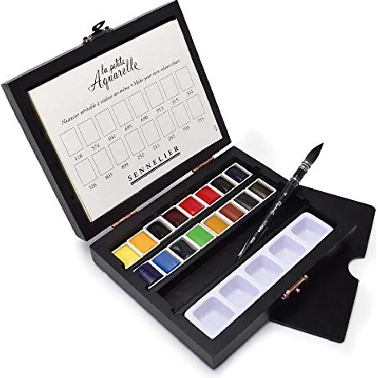 Sennelier La Petite Aquarelle Travel Watercolor Set, Schwarz, mit 16 Halb-Pan-Farben, Papierblock und Mini Pinsel Größe 4