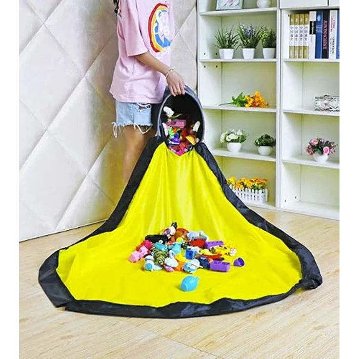 KRUZZEL Spielmatte Aufbewahrungsbox mit Spielzeugkorb, grau/gelb-schwarz, wasserfest, 135 cm Durchmesser, verstärkte Griffe für leichten Transport – Bild 8