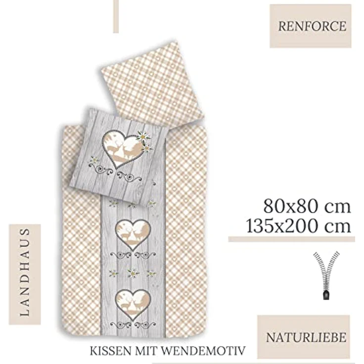 MTOnlinehandel TRAUMHELDEN Landhaus-Stil Bettwäsche 135x200 + 80x80 cm · Karo Hirsch Herz Holzoptik · 100% Baumwolle in Renforce · Vintage Bettwäsche-Set – Bild 2