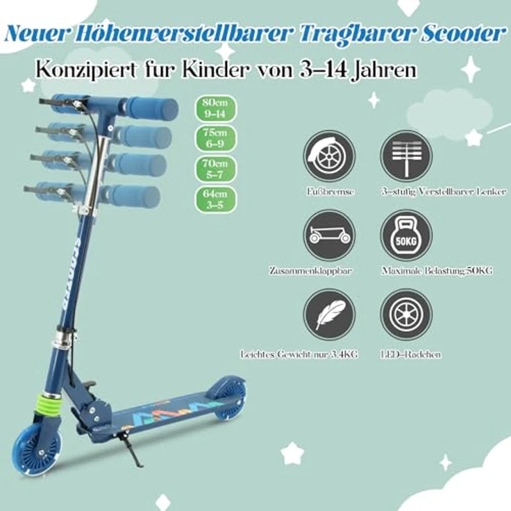TENBOOM Kinder Scooter Roller Tretroller mit Höhenverstellbarem Lenker, Hinterradbremse, LED-Leuchträdern, klappbar für Kinder ab 3 Jahre, bis 50 kg – Bild 2