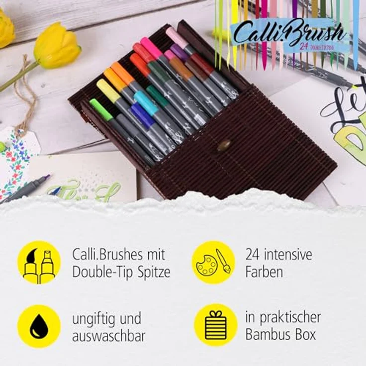 ONLINE Brush-Pen Set Calli.Brush, 24 Double-Tip Pinselstifte mit Kalligrafie-Spitze und Pinselspitze, ungiftig und auswaschbar, in nachhaltiger Bambus-Box – Bild 2