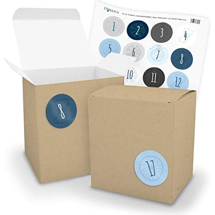 itenga Adventskalender zum Befüllen 24x extra große XL Würfel Schachteln mit Zahlenaufklebern (BRAUN) - Bastelset für tolle Deko und Adventsspaß