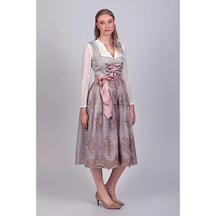 Edelnice Dirndl Aurelie, langes Trachtenkleid mit edlem Silberglanz und Rose-Tönen – Bild 7