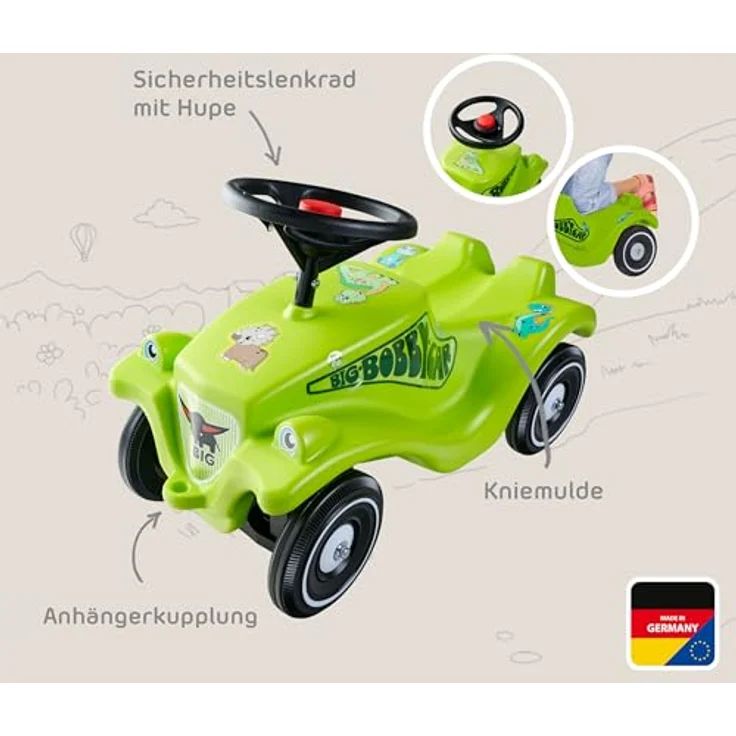 BIG Bobby Car Classic Dino - Rutschauto ab 1 Jahr, Grün-Schwarz mit buntem Dino-Design, Sicherheits-Lenkrad und Hupe - für Kinder bis 50 kg – Bild 4