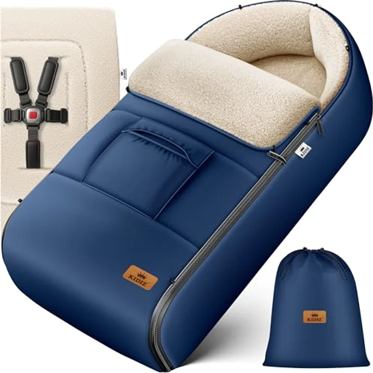 KIDIZ® Babyfußsack Baby Fußsack Winterfußsack Babyschale mit Reißverschluss Kuschelsack Babydecke Kinderwagen waschbar verschließbarer Kopfteil ,Tasche, passend für alle Kinderwagen Blau – Bild 2