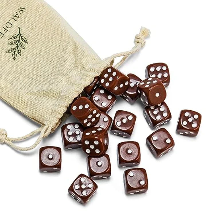 Waldfelsen Acrylwürfel Set, 20 Stück 6-seitige Spielwürfel in Braun mit Stoffbeutel, 16 mm Standardgröße – Bild 2