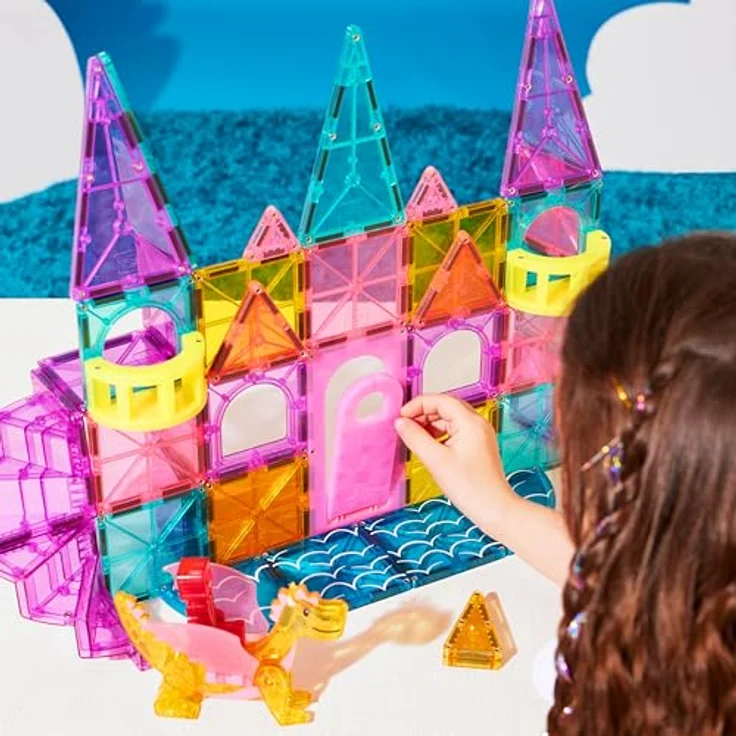 Magna-Tiles Castle DLX 48-teiliges Magnetbauset mit Zugbrücke, Drachenfigur und Wendeltreppe, aus sicherem MABS-Kunststoff – Bild 4