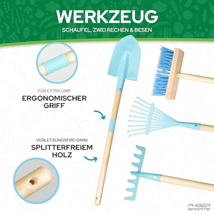 PHIBER-SPORTS Schubkarre Kinder aus Metall mit Gartenwerkzeug Set – inkl. Schaufel, Kinderbesen, Kinderrechen, Laubrechen, wetterfeste Sticker – perfekt für Garten & Strand – Bild 3
